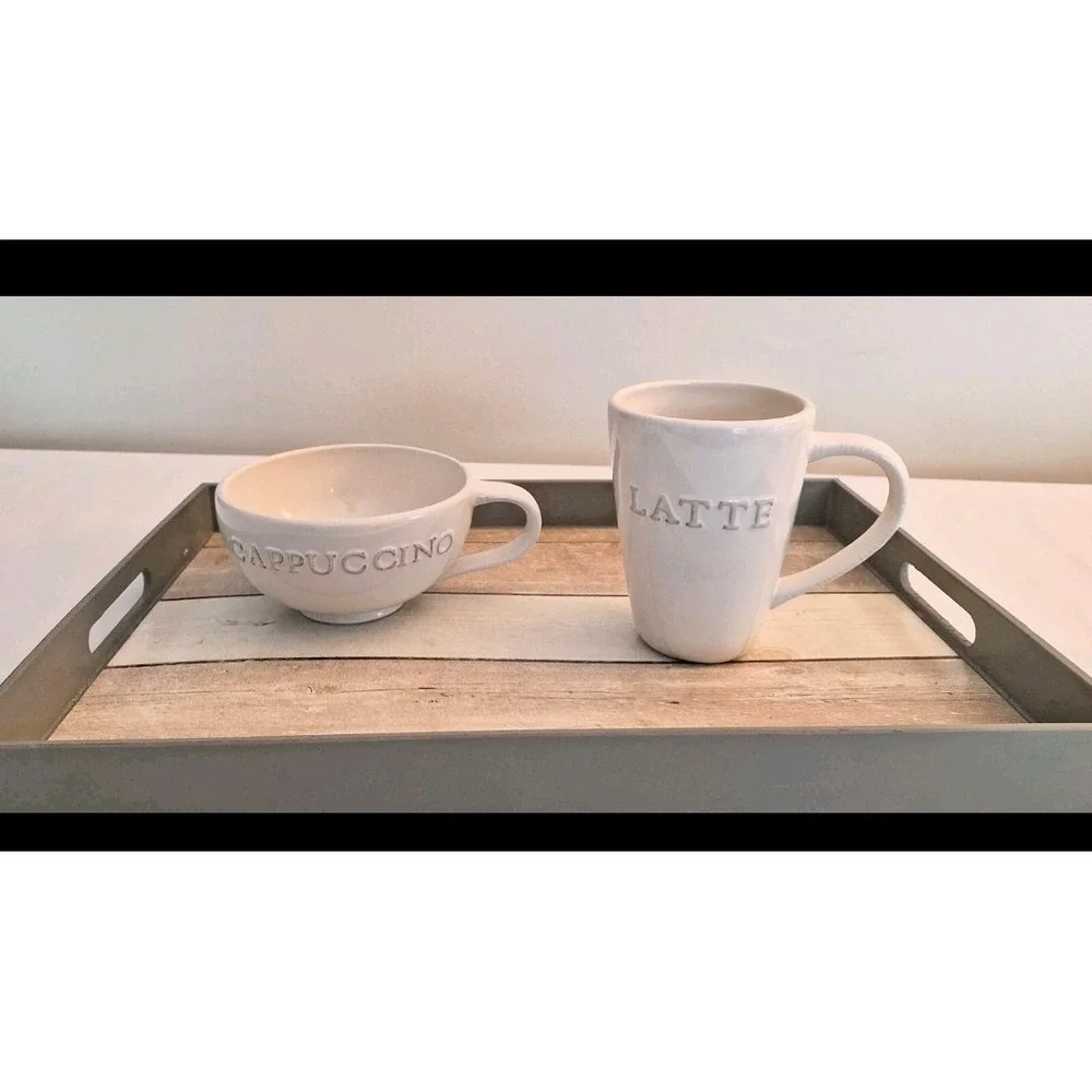 2 Pottery Barn OVERSIZED‎ Mugs Cappuccino & Latte Ivory Stoneware Pair Cups EUC